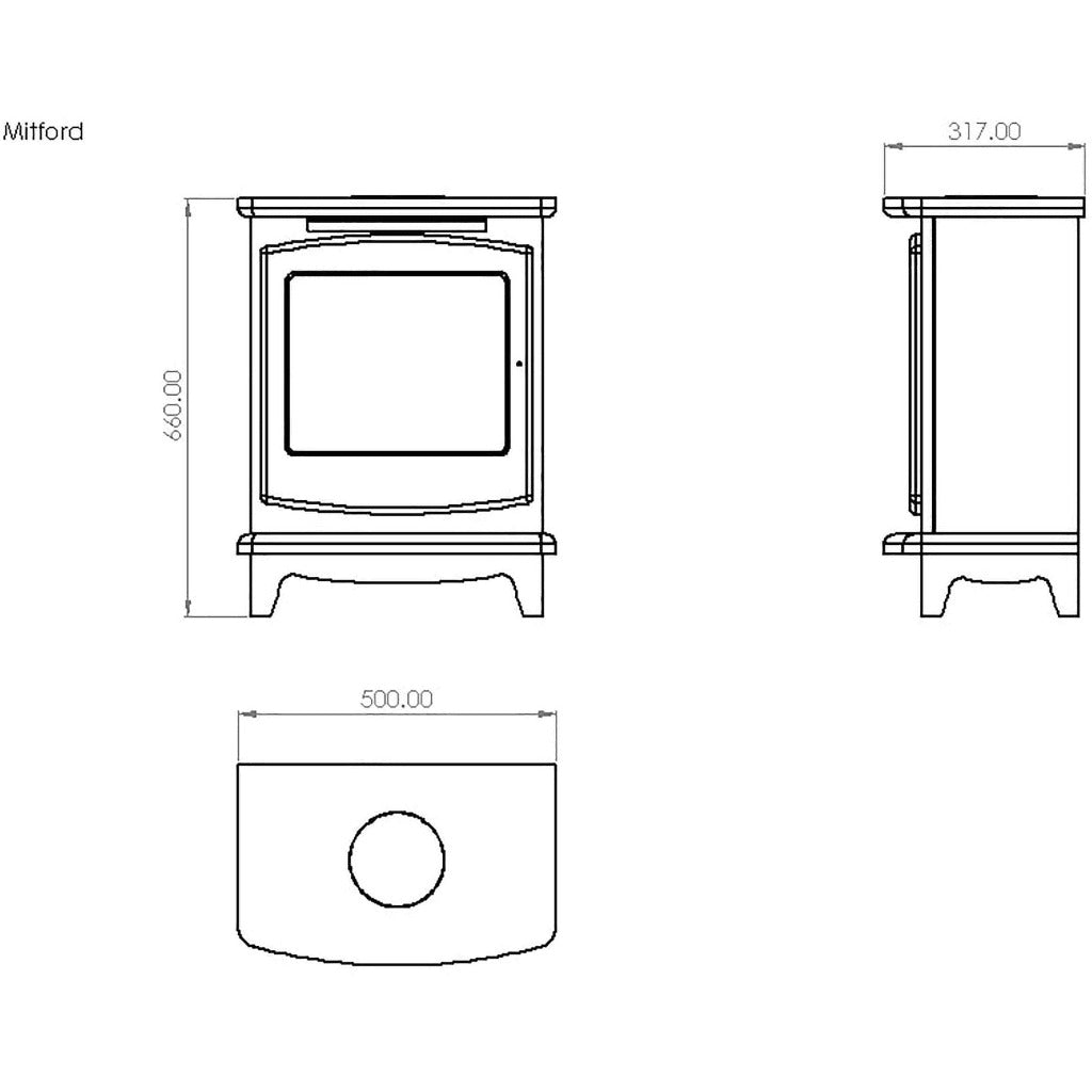 Suncrest Morpeth electric stove technical line drawing showing front, side, and top dimensions in millimetres.