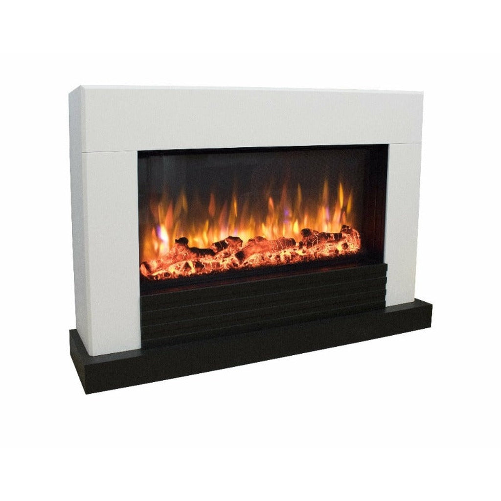 Suncrest Raby electric fireplace suite with a white surround, black base, and realistic glowing log flame effect.