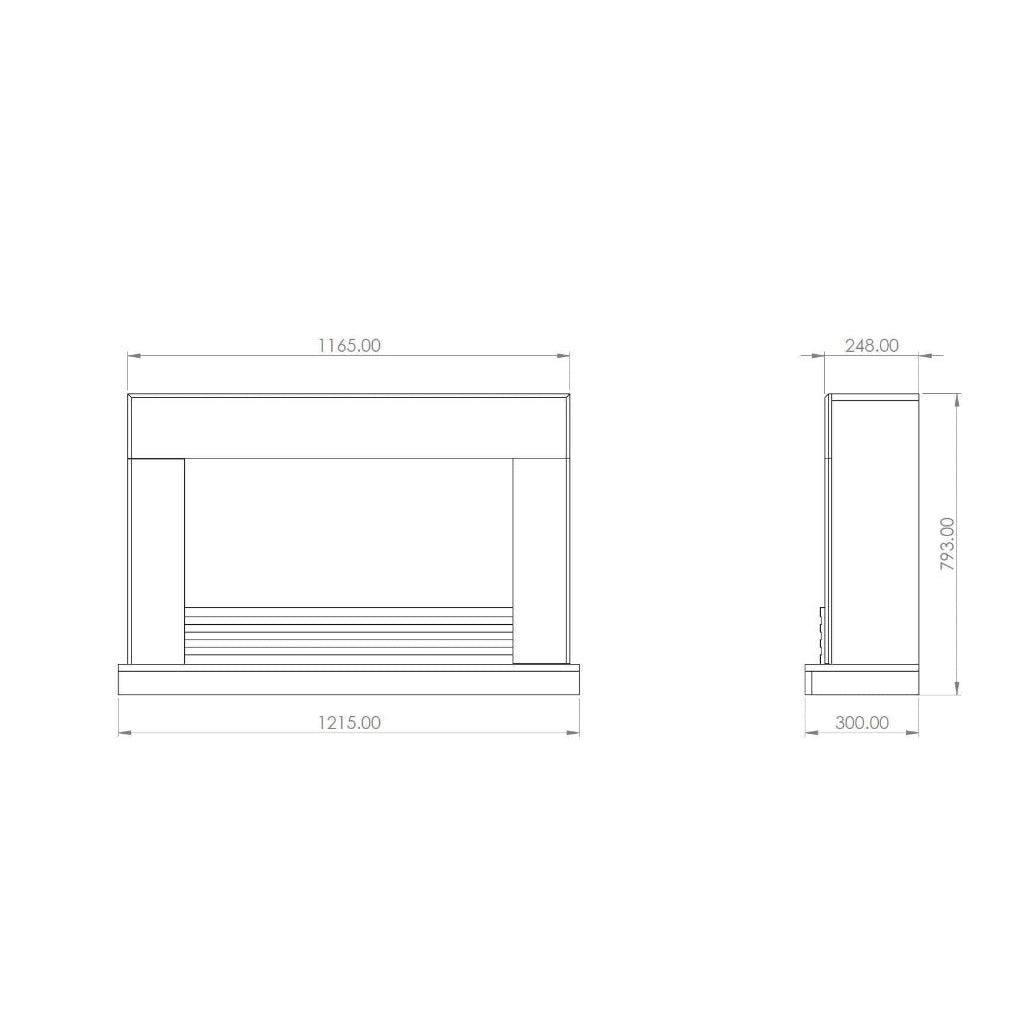 Suncrest Raby Electric Fireplace suite technical line drawing showing front and side elevation dimensions in millimetres.