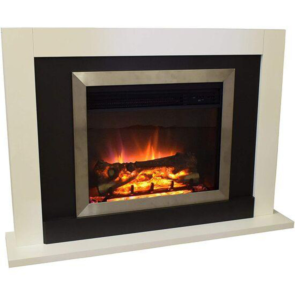 Suncrest Romney Electric Fireplace Suite with a white surround, black back panel, and silver-framed fire effect.