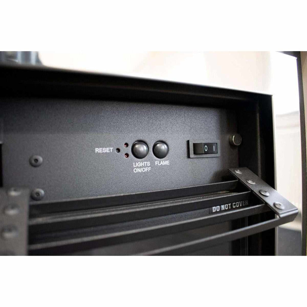 Suncrest Romney Electric Fireplace Suite control panel with black buttons, reset pinhole, and power switch.