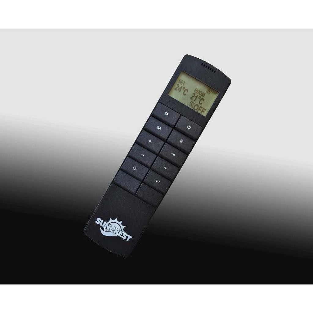 Black Suncrest Romney Electric Fireplace Suite remote control with an LCD screen and button interface.