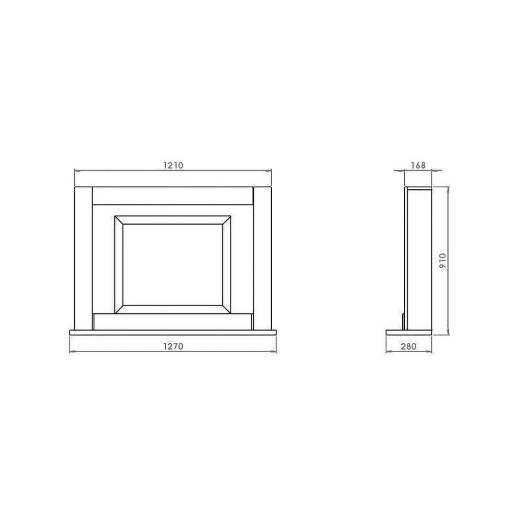 Suncrest Romney Electric Fireplace Suite technical line drawing showing front and side elevation dimensions.