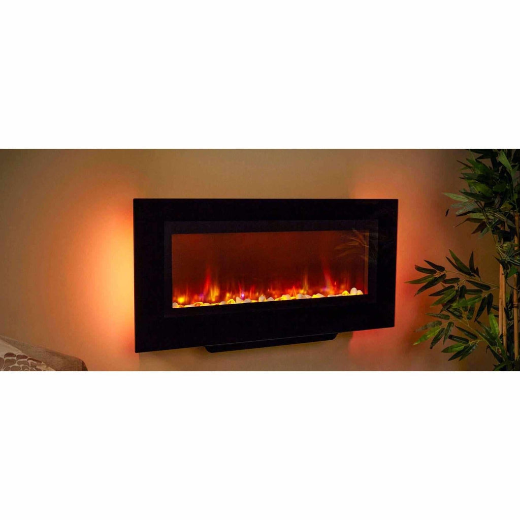 Suncrest Santos wall mounted electric fireplace with a black frame, glowing orange flames, and pebble fuel bed.