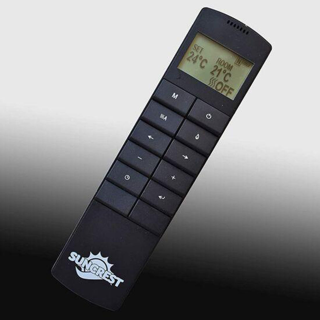 Black Suncrest Santos remote control with an LCD screen displaying temperature settings and tactile push buttons.
