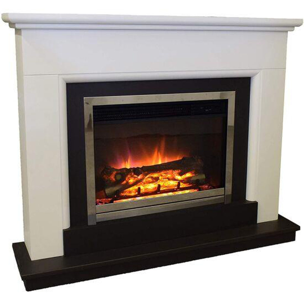 Suncrest Talent Electric Fireplace Suite with a white surround, black base, and chrome-trimmed glowing log fire.