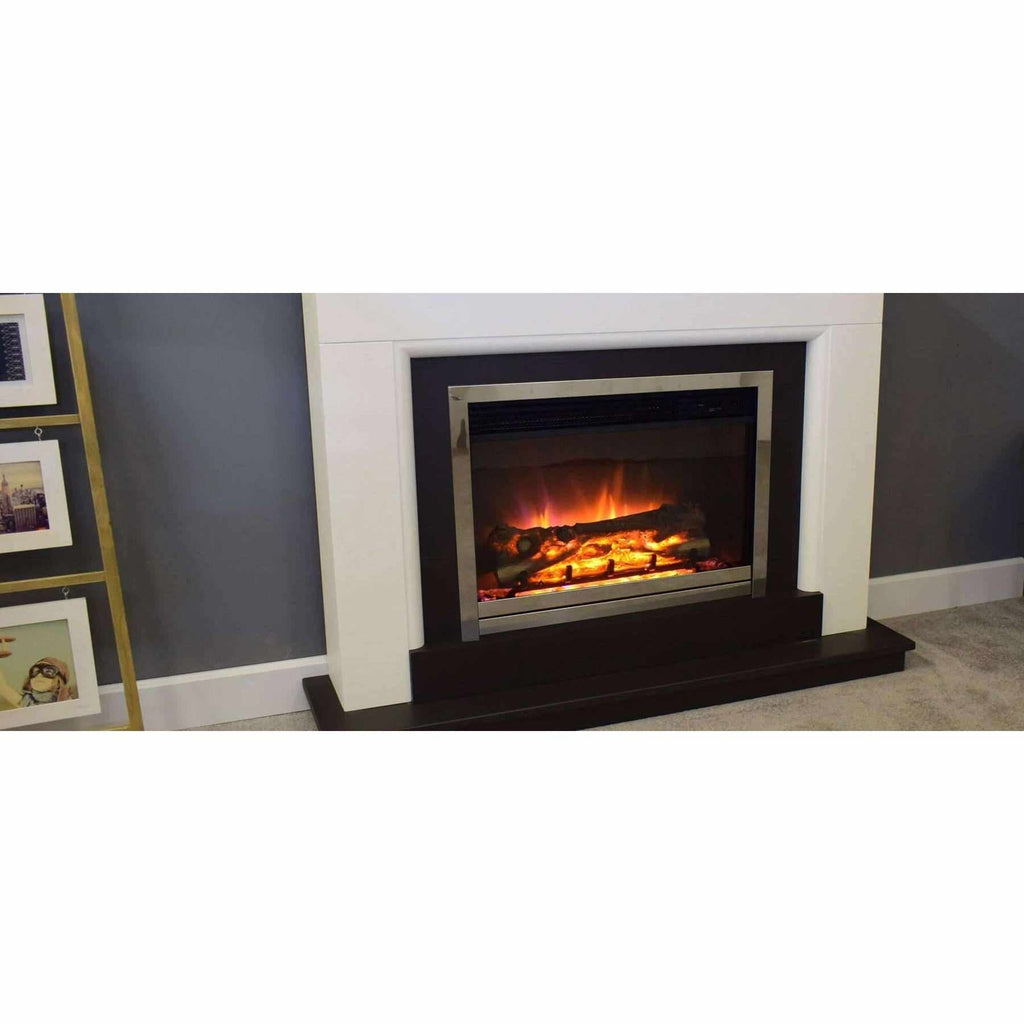 Suncrest Talent Electric Fireplace Suite with a white surround, dark hearth, and chrome-trimmed glowing log fire.