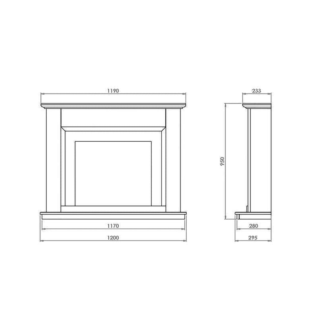 Technical line drawing of the Suncrest Talent Electric Fireplace Suite showing front and side elevation dimensions.
